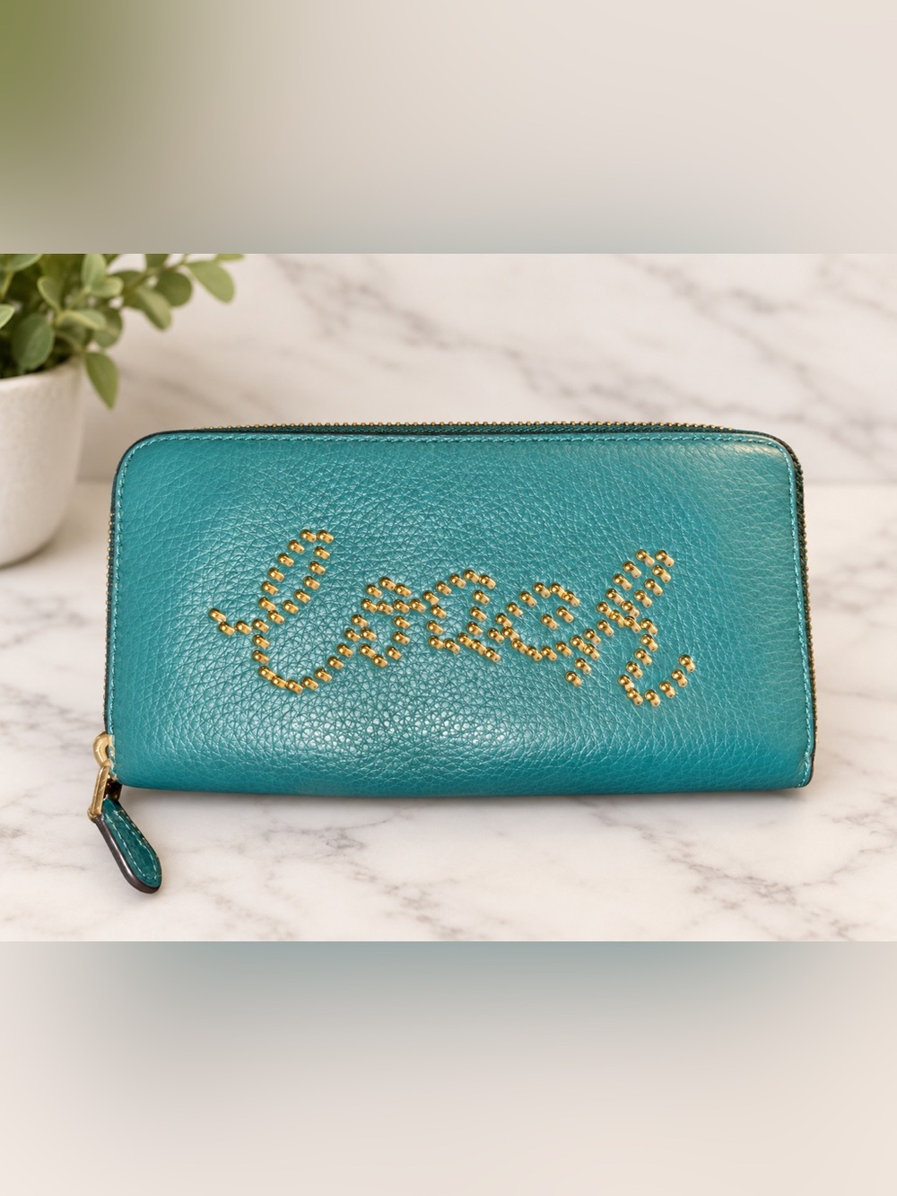 Coach Viridian Teal and Gold Studded Script Zip Around Leather Wallet | New